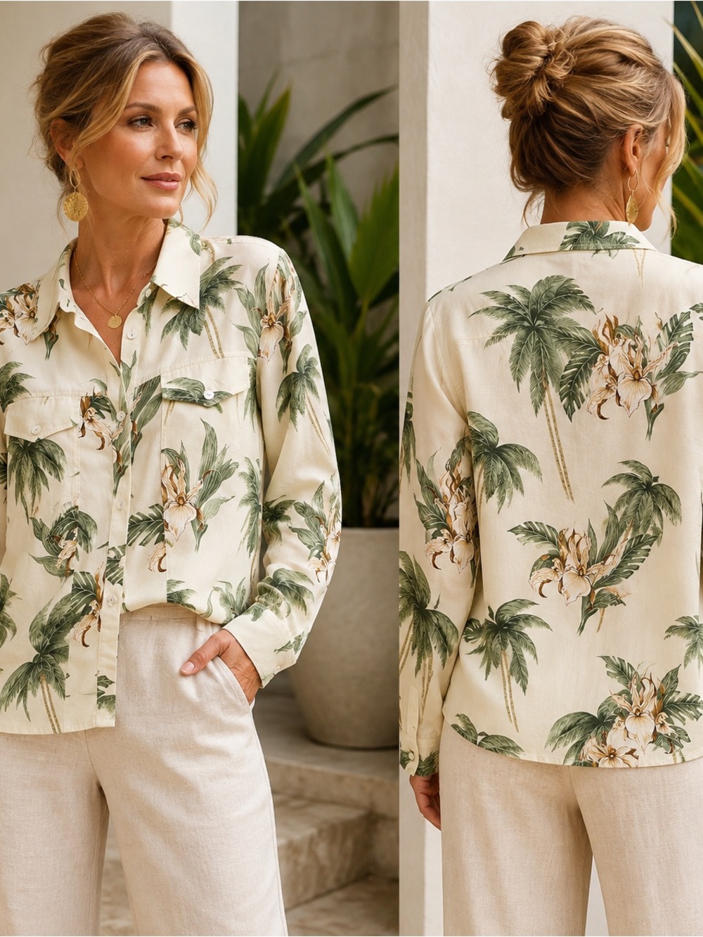 Vintage Pineapple Moon 100% Silk Tropical Palm Orchid Shirt Jacket M